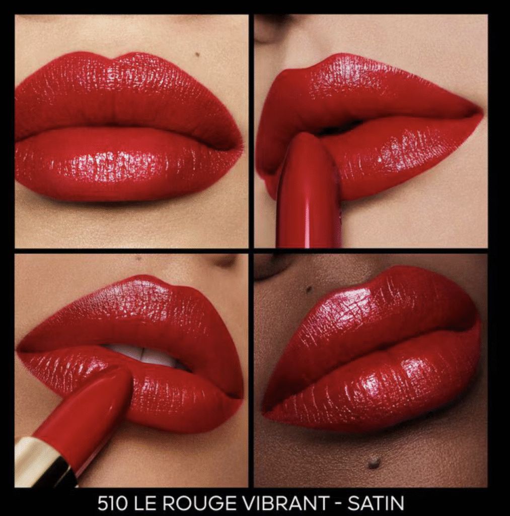 Application et rendu du rouge à lèvres Guerlain Rouge G en teinte 510 sur des lèvres, montré en quatre gros plans.