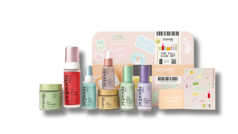Pack skincare The Full Glow Set de Yepoda comprenant plusieurs soins coréens pour une routine complète.