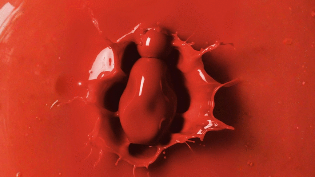 Flacon du parfum Cosmic Intense de Kylie Cosmetics immergé dans une matière rouge intense