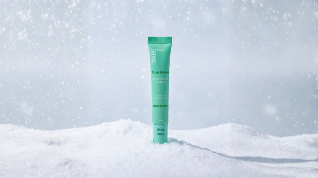 Baume à lèvres Elixir Intense Rare Paris à l’aloe vera dans un décor hivernal