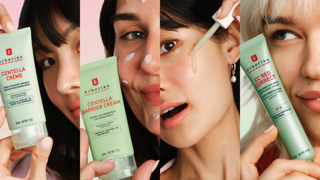 Gamme Red Correct Erborian composée de soins anti-rougeurs pour peaux sensibles