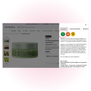 Encadré Clean at Sephora visible sur une fiche produit en ligne