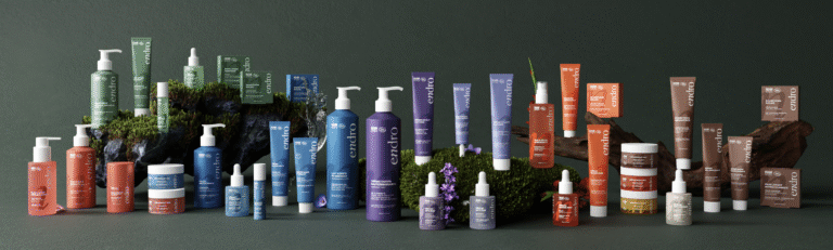 Gamme complète de produits Endro Cosmétiques avec la nouvelle identité graphique et les codes couleur par gamme
