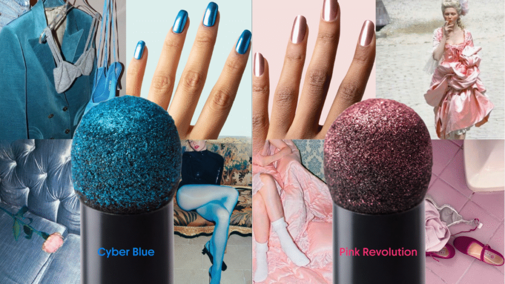 Chrome Powder Pen Le Mini Macaron teintes Pink Revolution et Cyber Blue avec inspiration nail art et mode