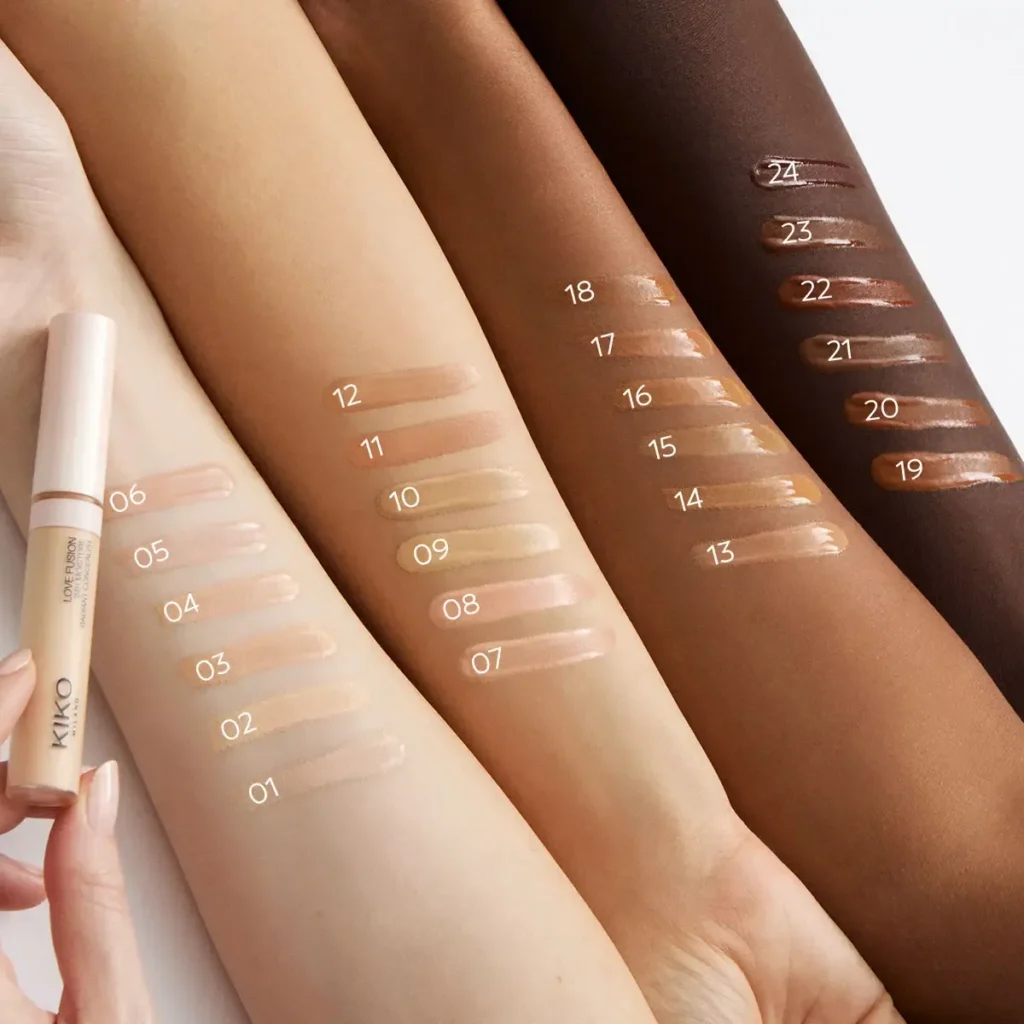 Swatches des teintes du concealer KIKO Love Fusion 24H sur différentes carnations